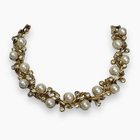 Sarah Coventry Royal Ballet Bracelet Rhinestones Faux Pearl Gold Tone Links Vtg - Picture 1 of 7